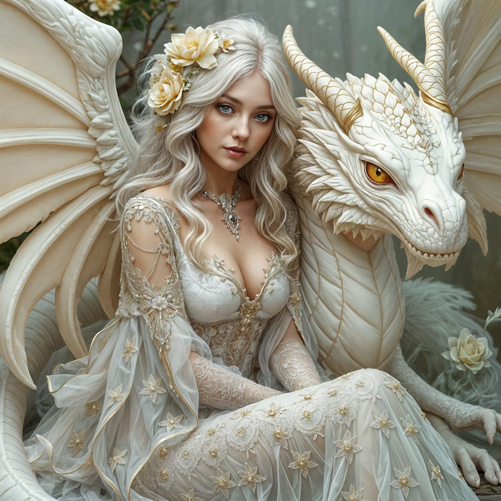 Fantasy Woman and Dragon in Baroque Art Nouveau Style