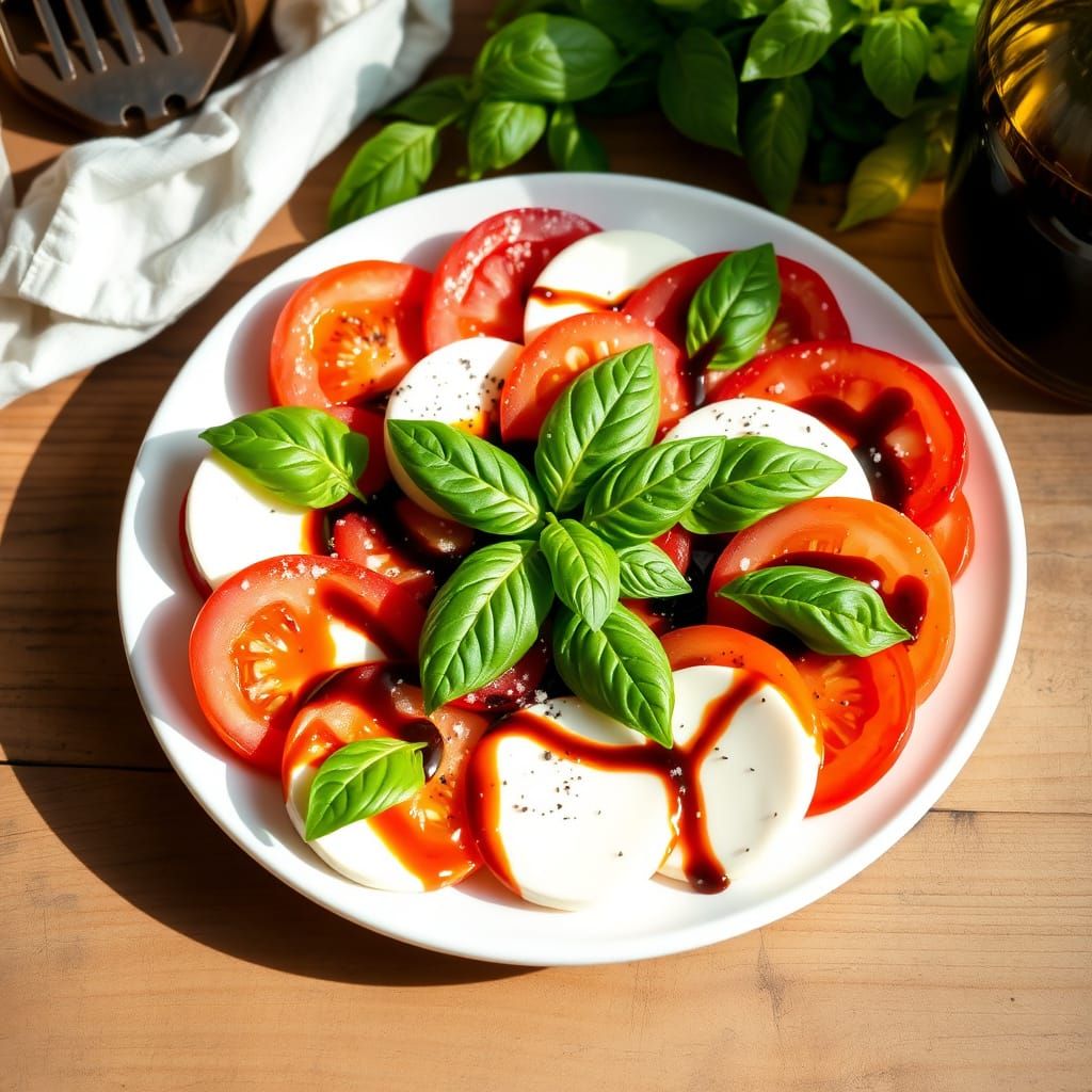 A Fresh Caprese Salad on a Rustic Wooden Table
