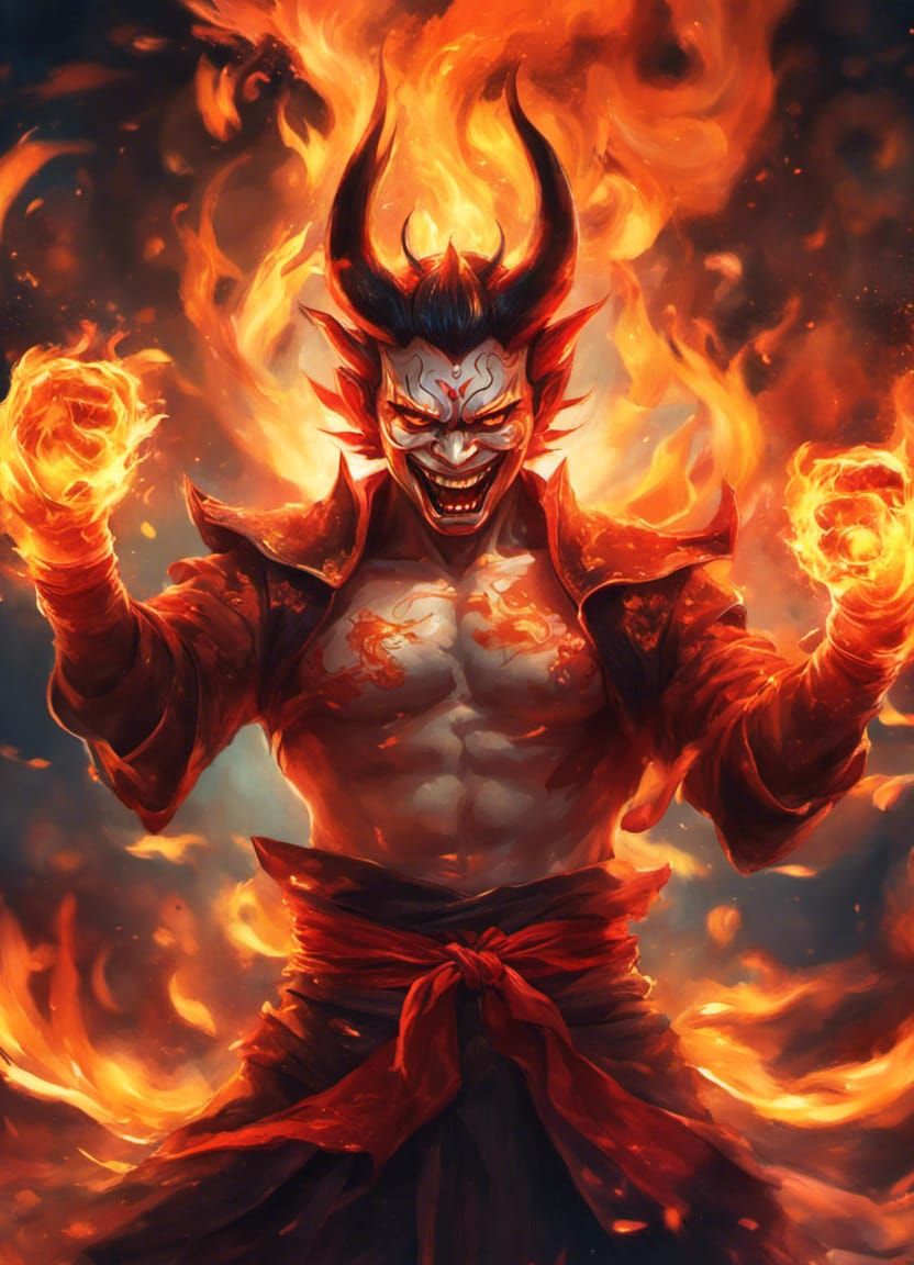 Hannya Demon with Fire Fists: Digital Anime Painting