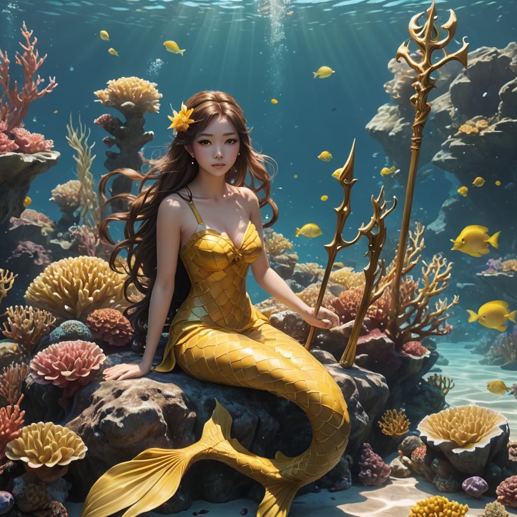 Asian Mermaid with Trident in 3D Anime Style