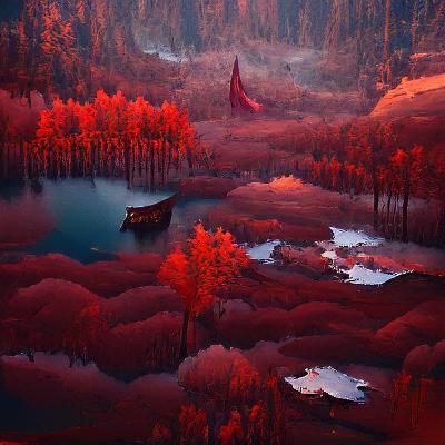Red Forest and Lake at Dusk: Fantasy Concept Art