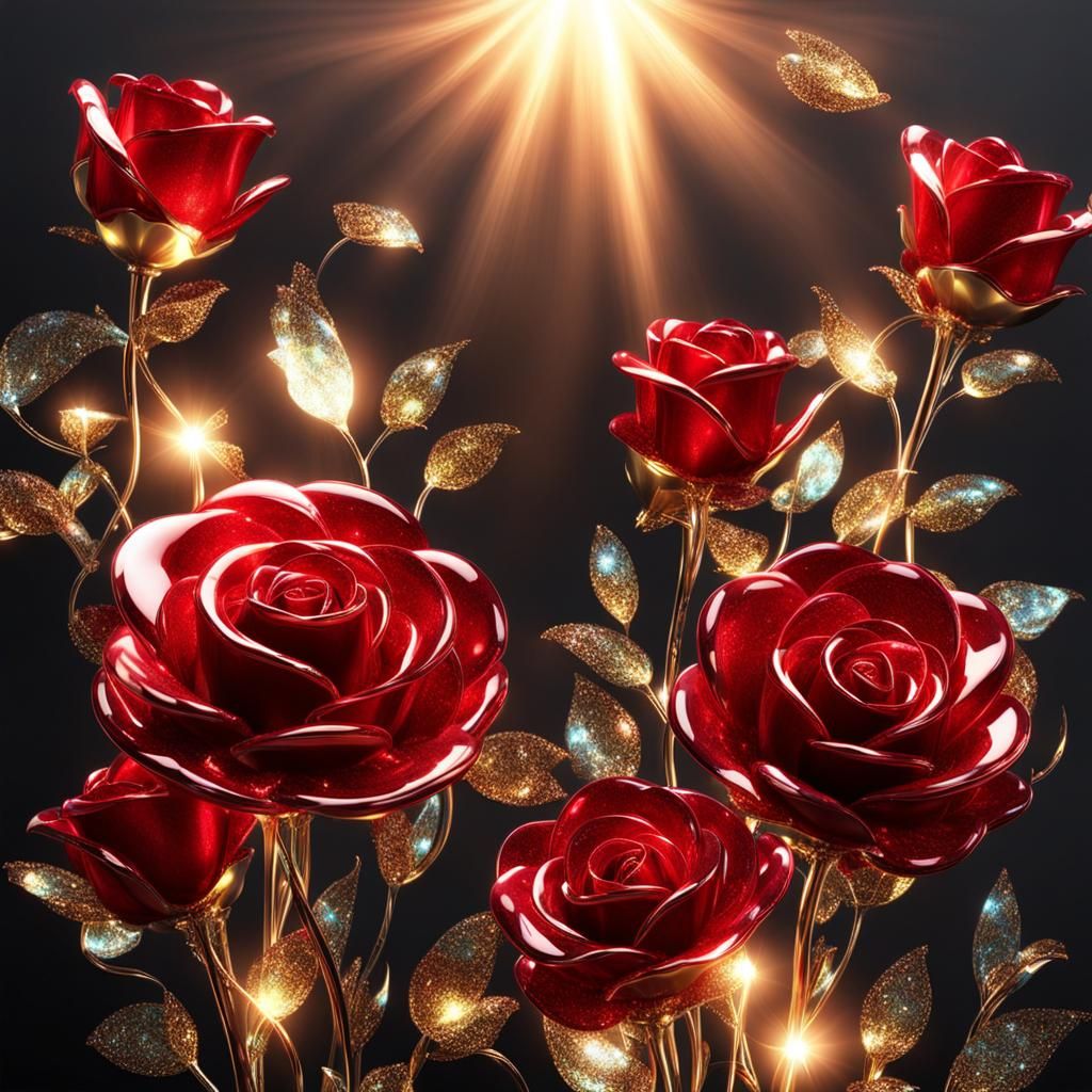 Glowing Glass Roses with Glitter, 3D Render