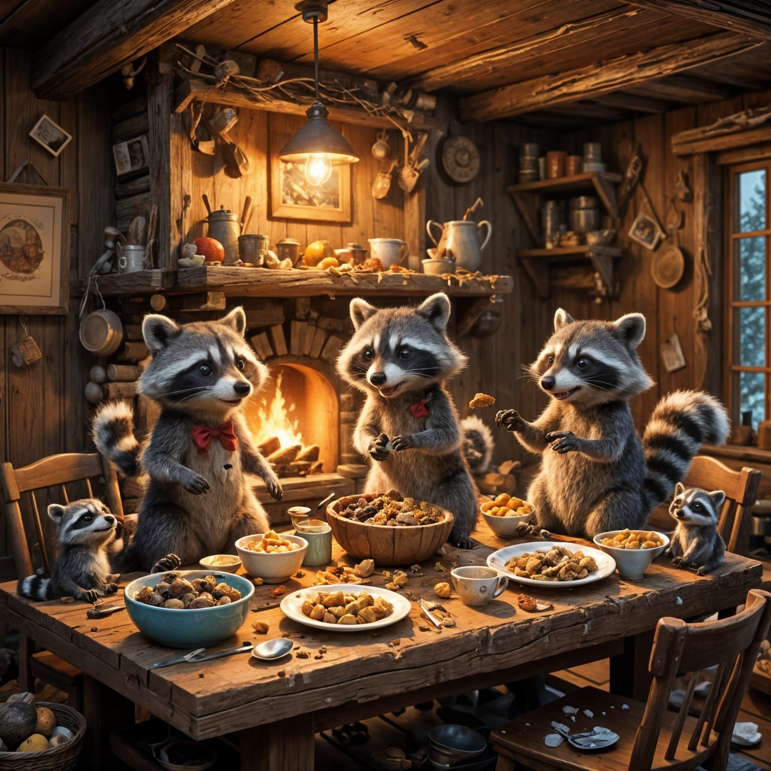 Raccoon Family Dinner Chaos in a Cozy Cabin