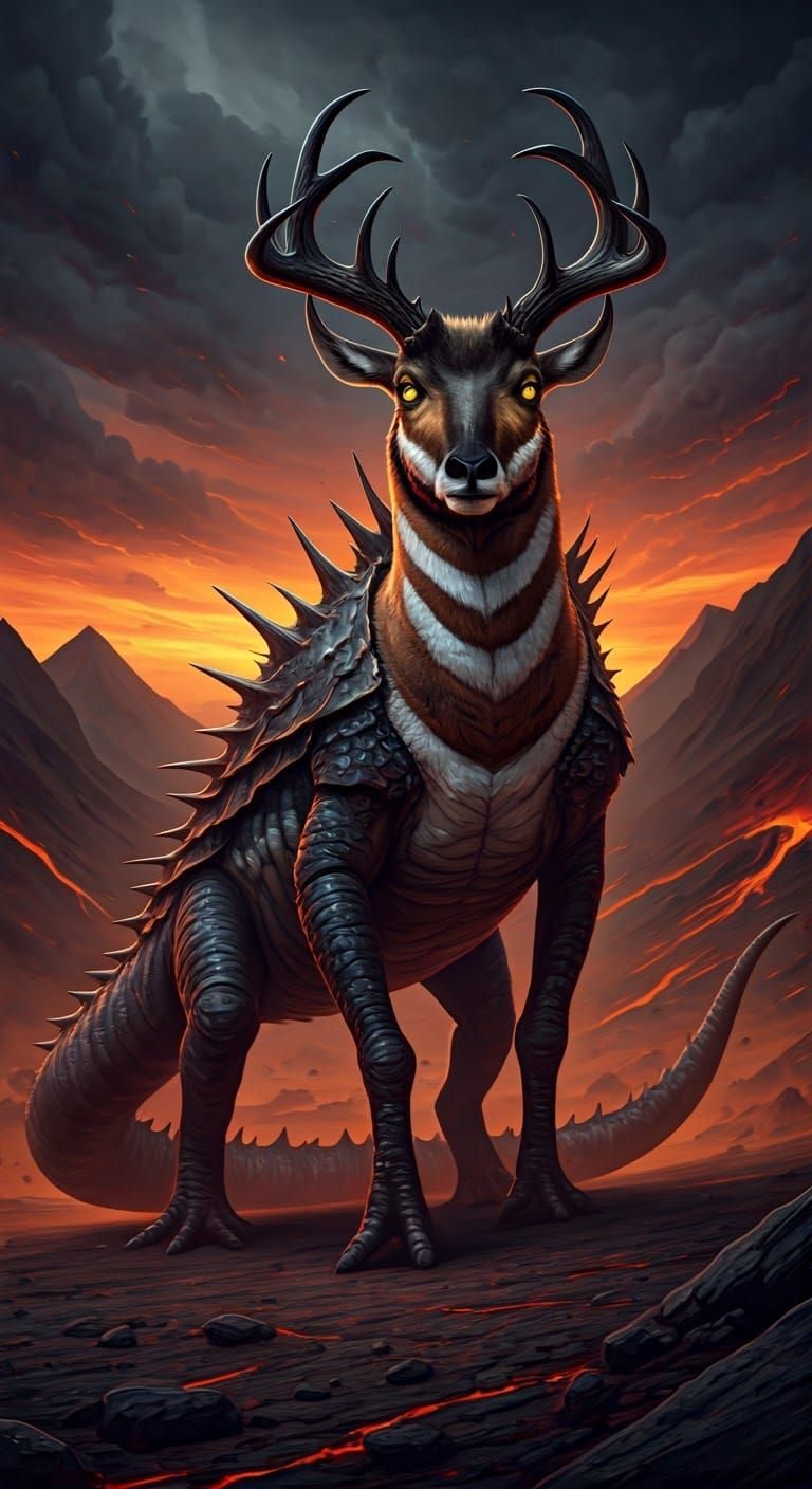 Demonic Salamander-Pronghorn Hybrid in Surreal Landscape