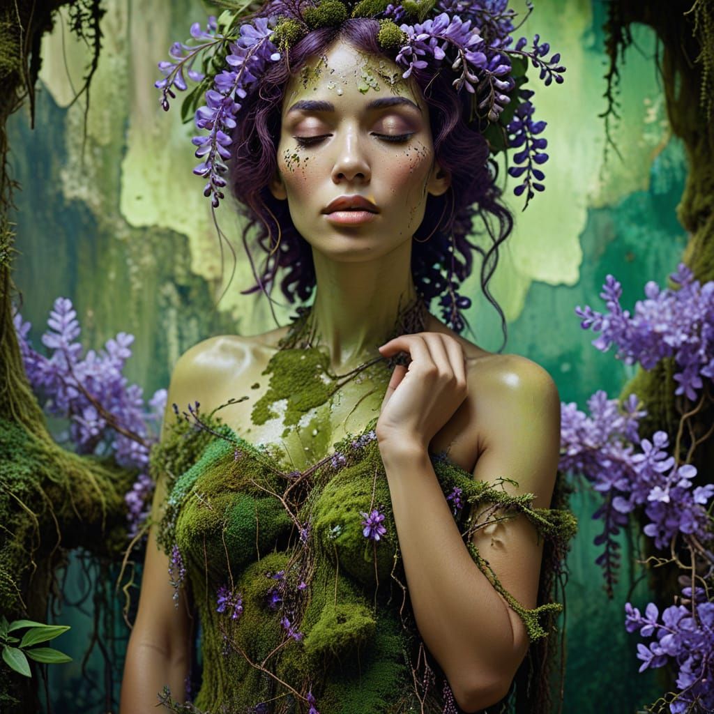 Surreal Portrait of Mediterranean Woman with Wisteria