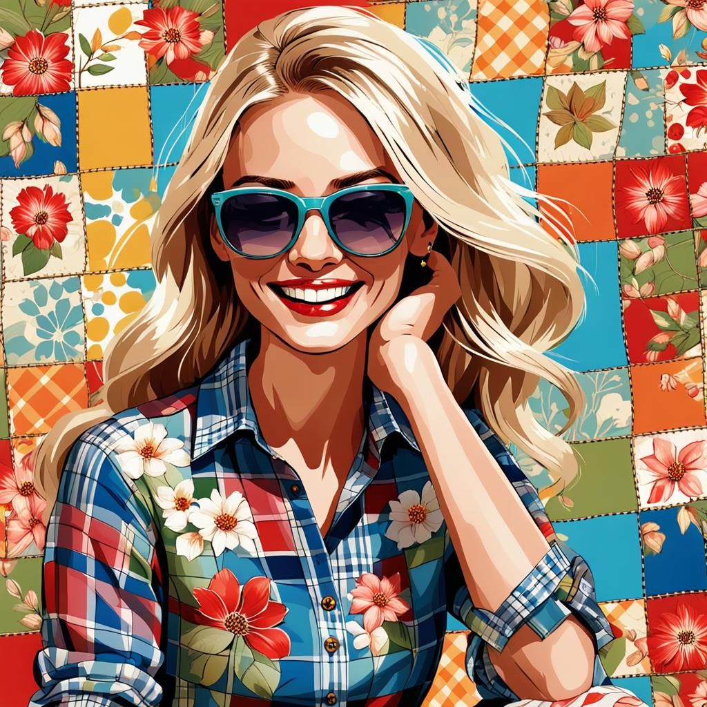 Blonde Model in Floral Blouse, Folk Art Style