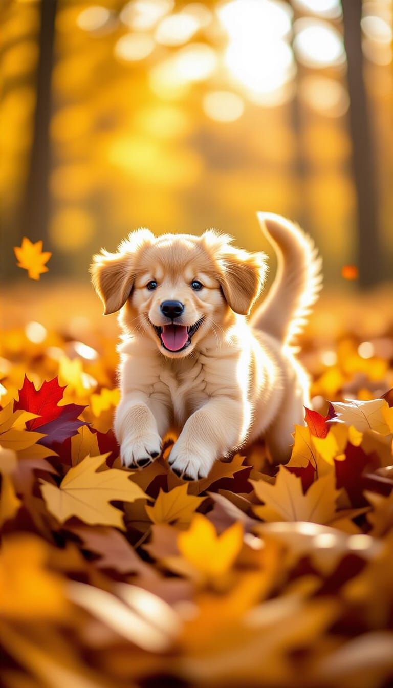 Golden Retriever Puppy Leaps Into Autumn Leaves