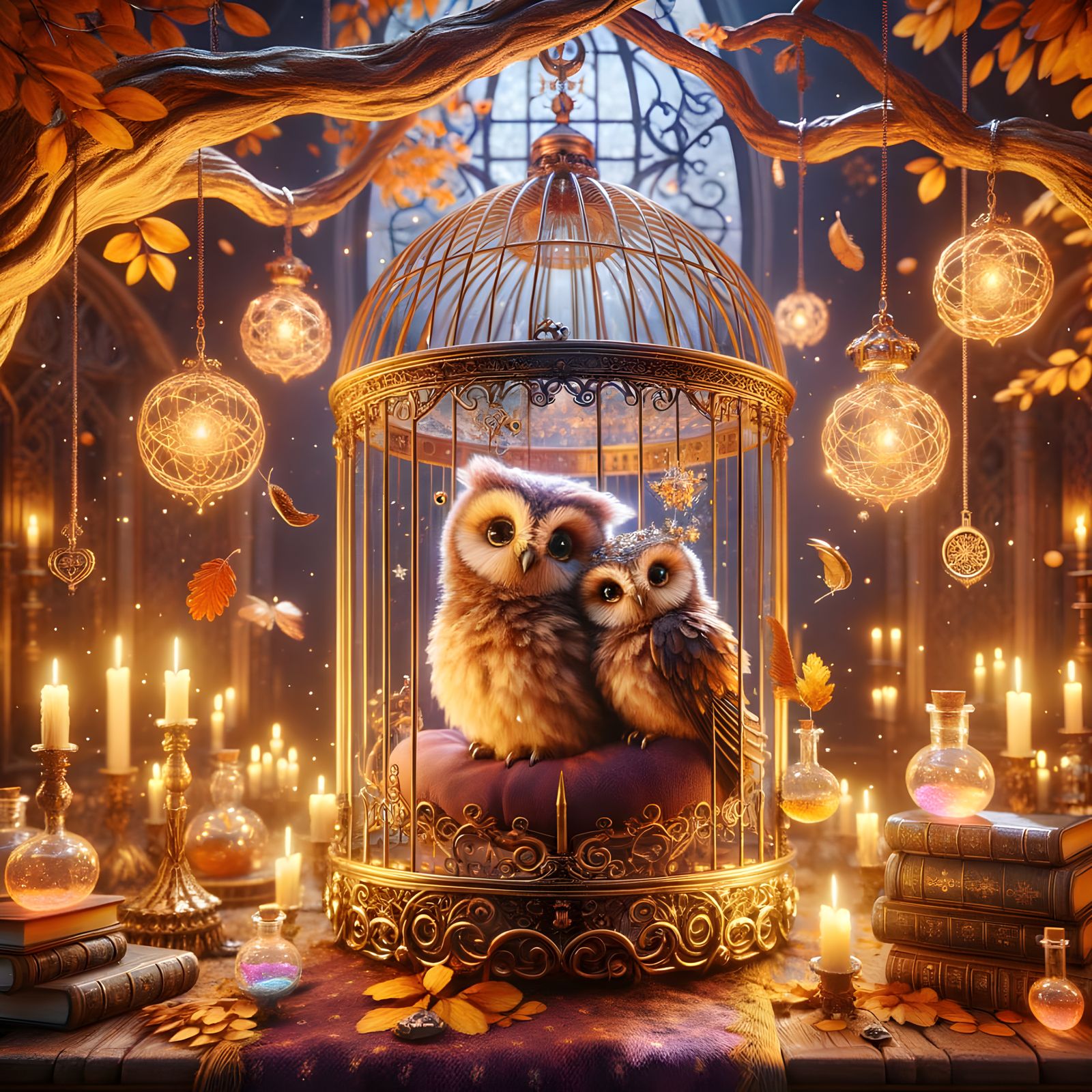 Enchanting Owls Cuddle in Magical Gothic Castle Birdcage
