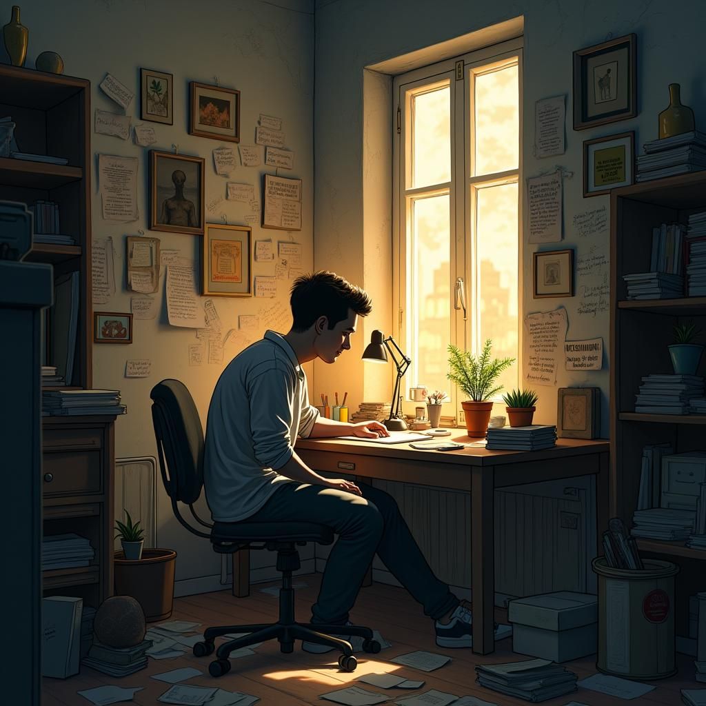 Lucas in Messy Apartment: Comic Book Style