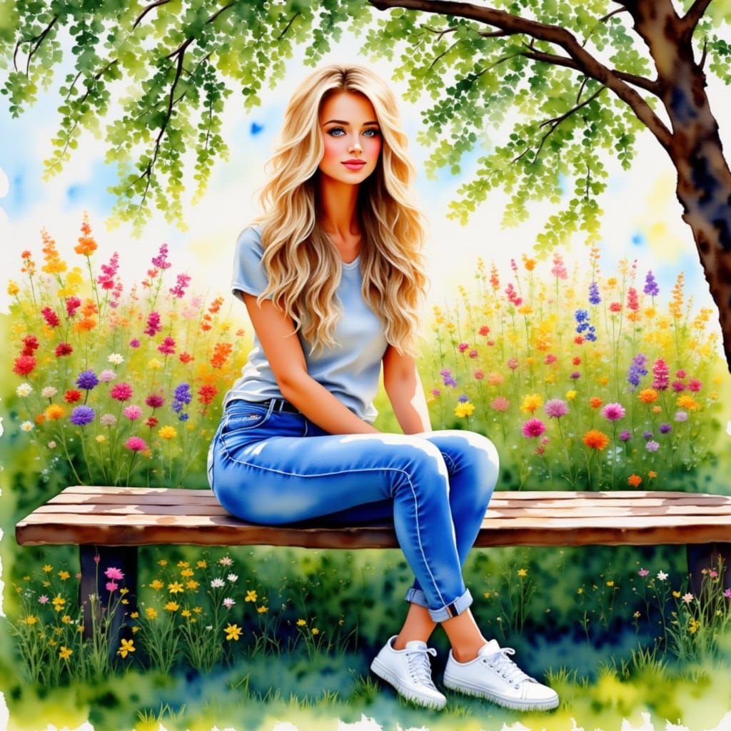 Woman on Bench Amidst Wildflowers in Watercolor Style