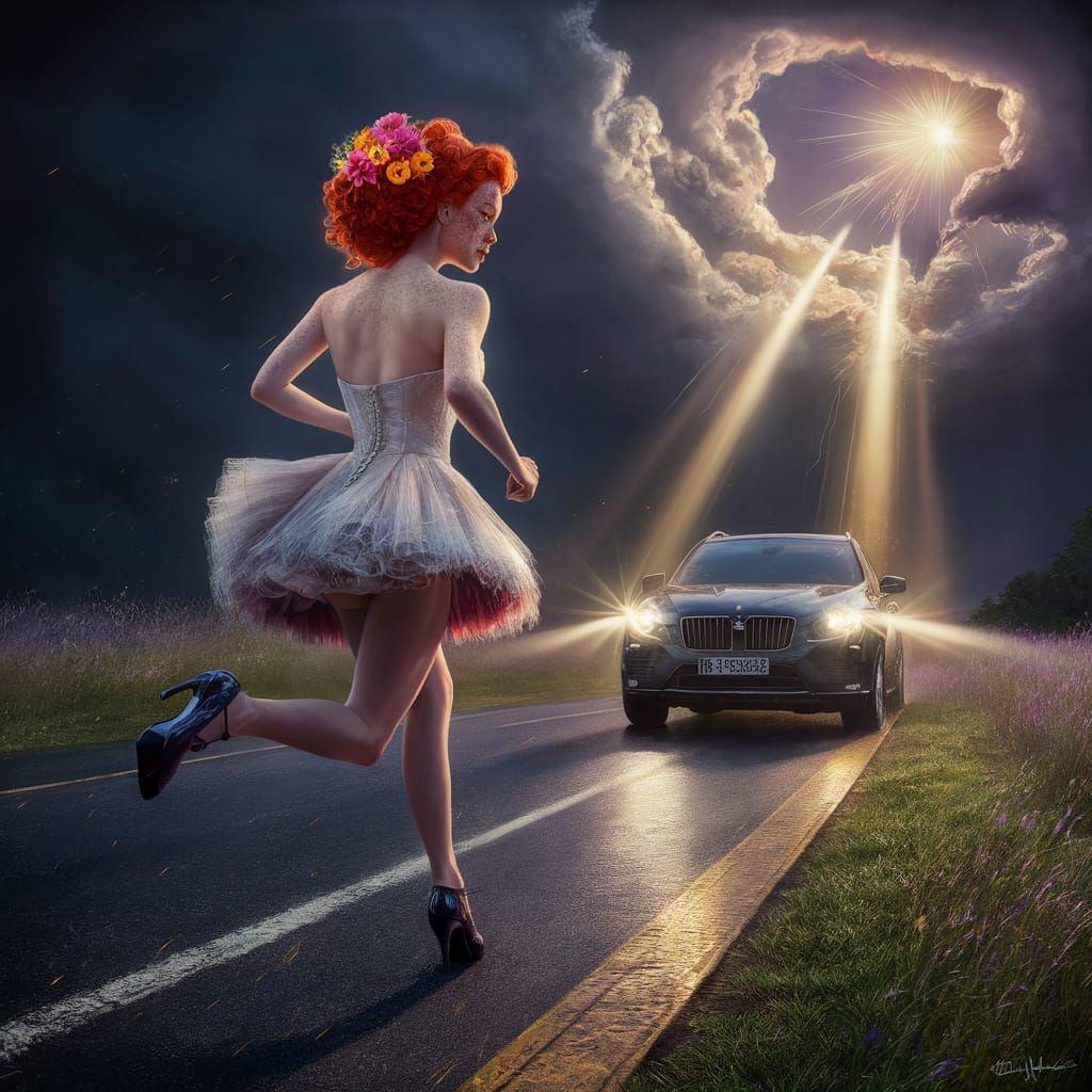 Ethereal Redhead in Thunderstorm, Inspired by Art Nouveau