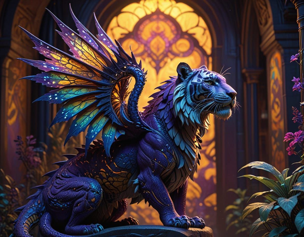 Majestic Fairy Dragon Tiger in Dark Fantasy Landscape