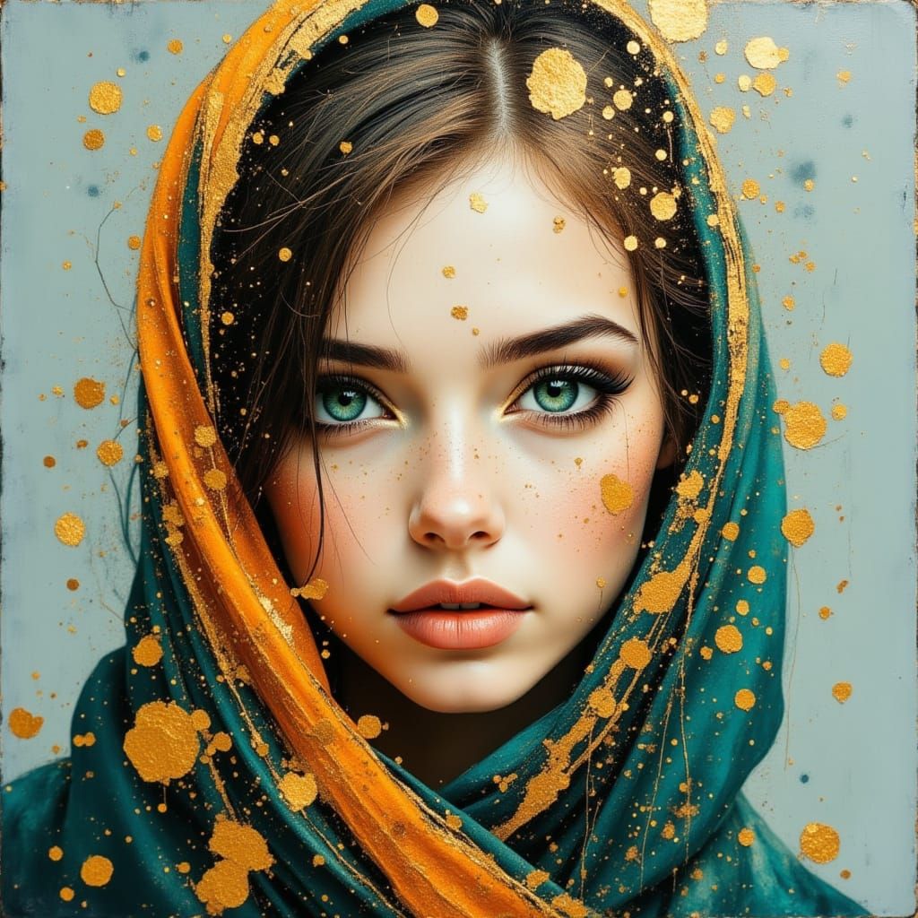 Hyperrealistic Oil Painting Portrait with Gold Accents