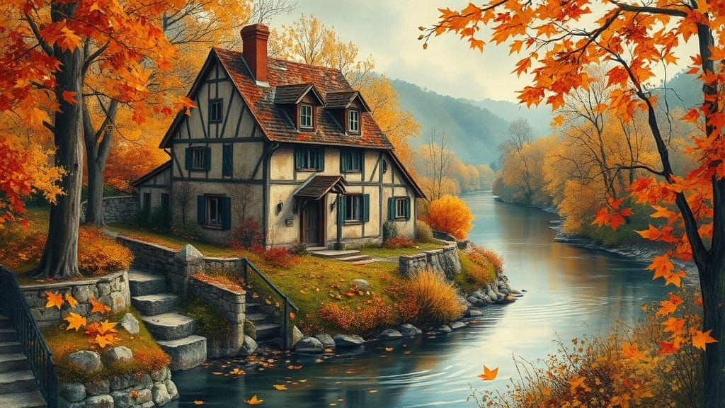 Ethereal Autumn House by Winding River in Watercolor and Ink