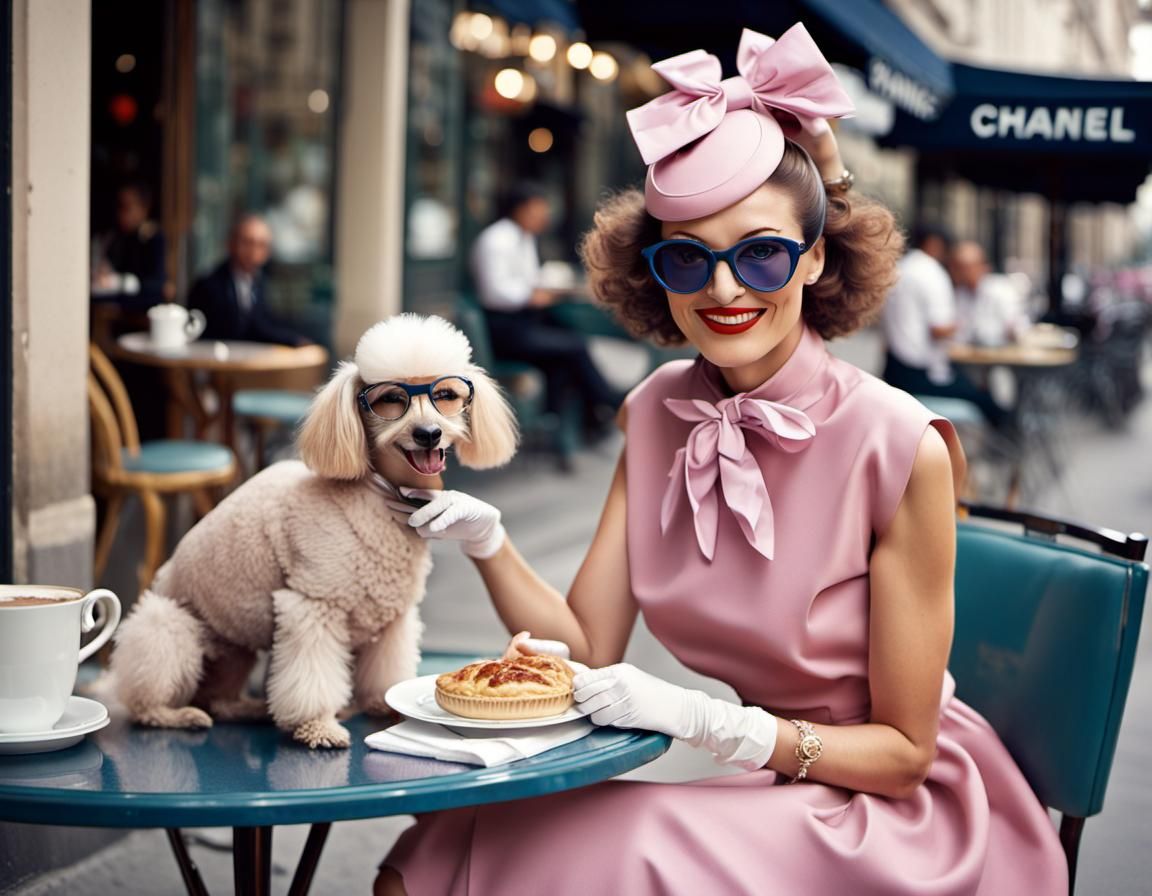Parisian Fashionista with Poodle at Cafe