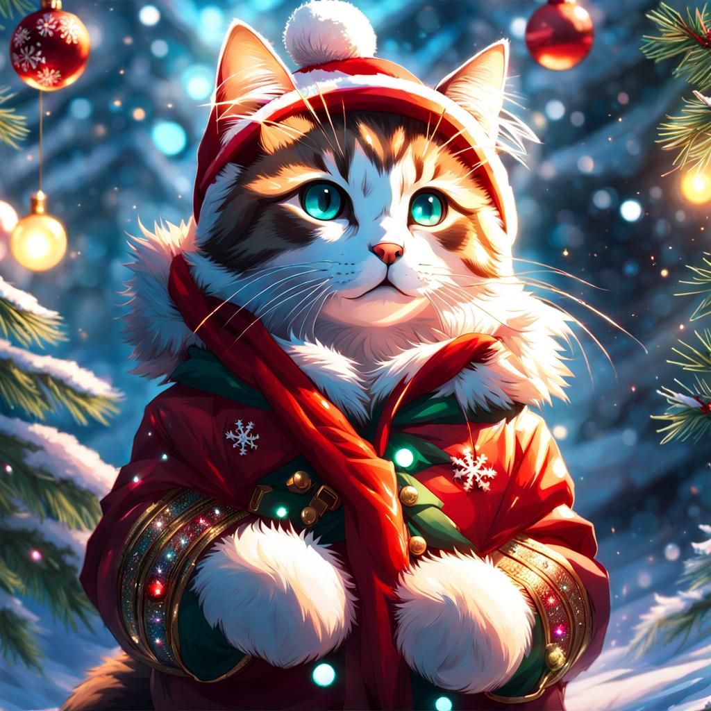 Cute Anime Christmas Tree Cat in Winter