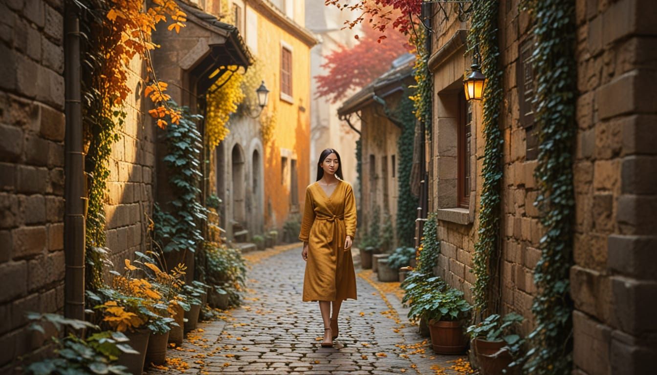 Impressionist Painting of Woman in Autumn Alley