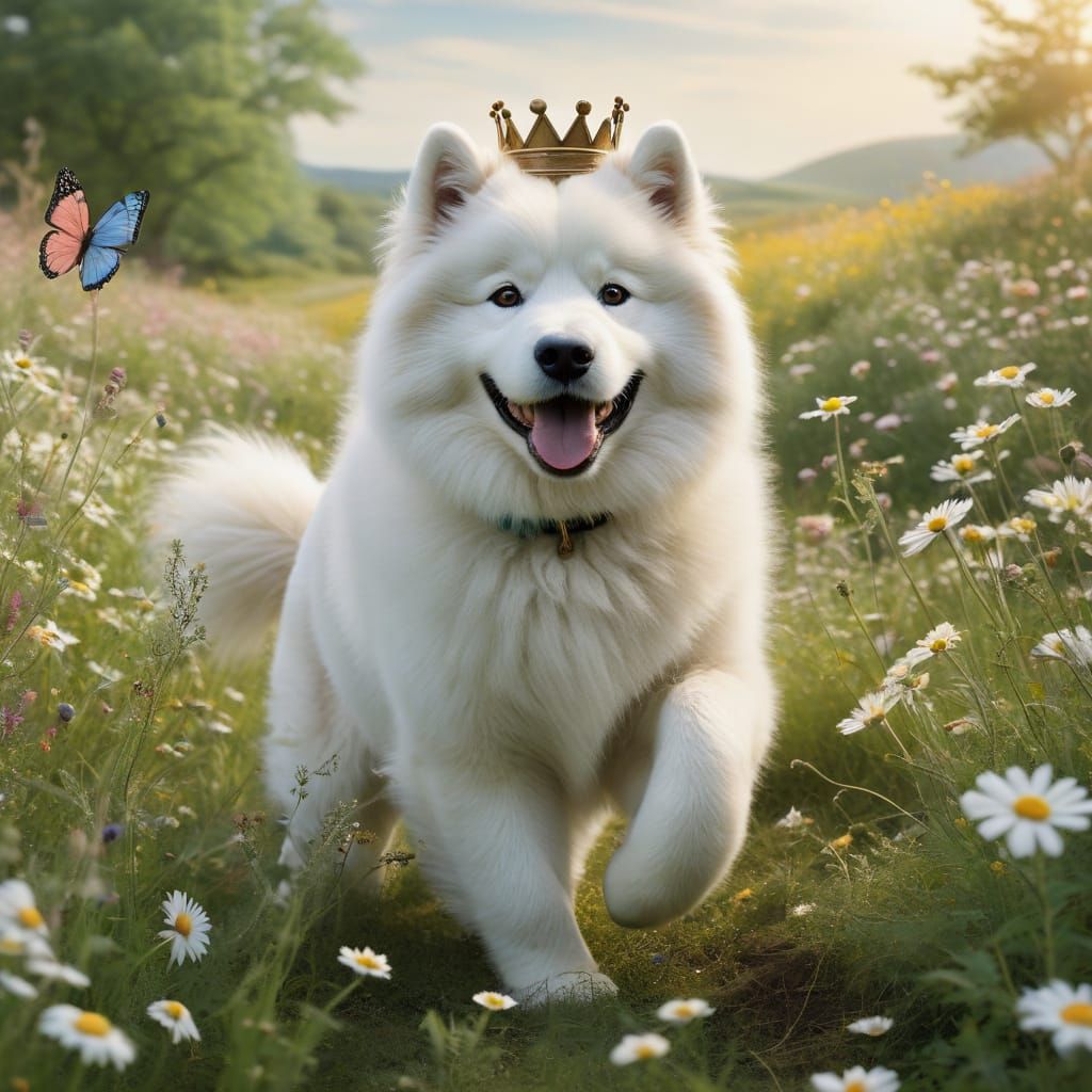 Whimsical Samoyed in a Field of Wildflowers, Painterly Style