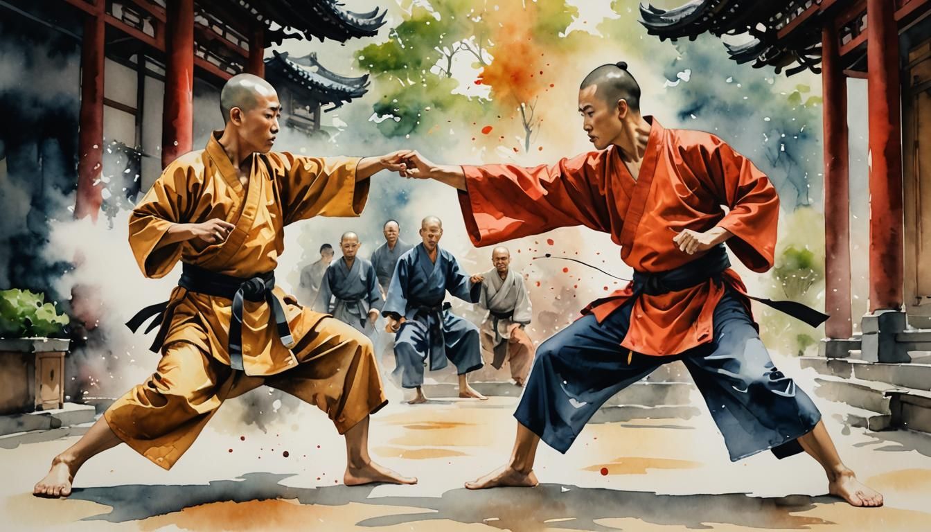 Watercolor Painting of Sholin Monk Teaching Apprentice