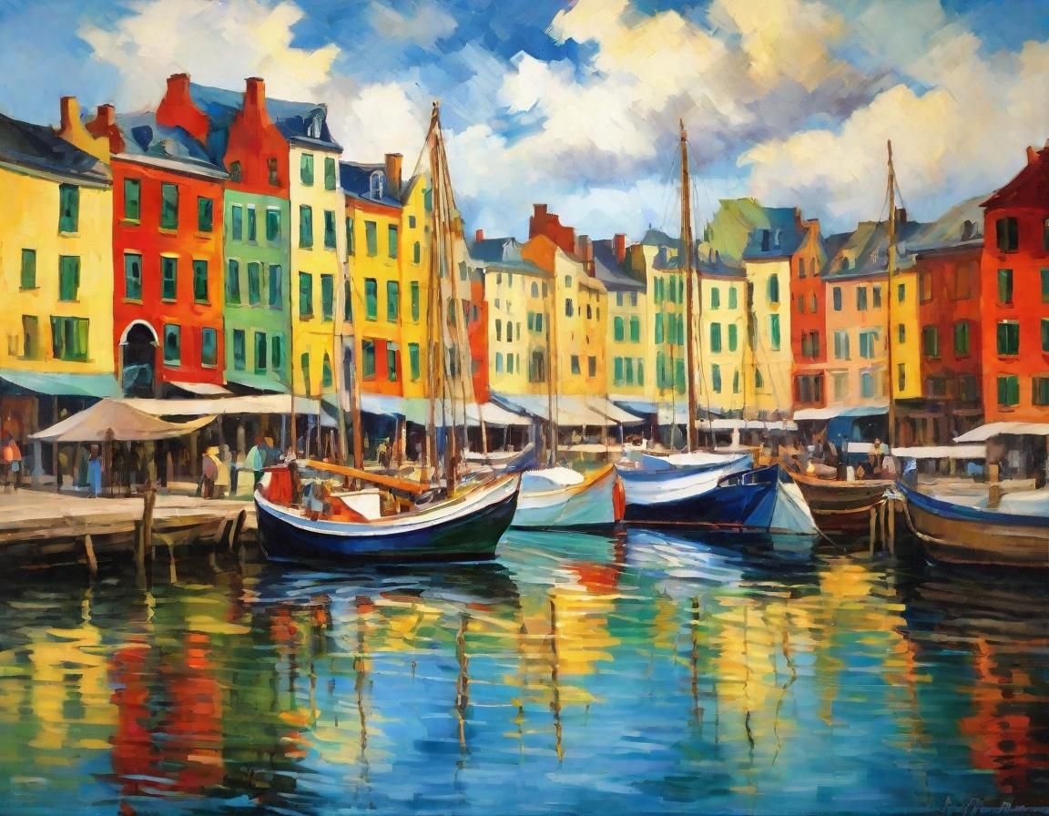 Bustling Vintage Harbor Scene with Sailing Ships and Colorfu...
