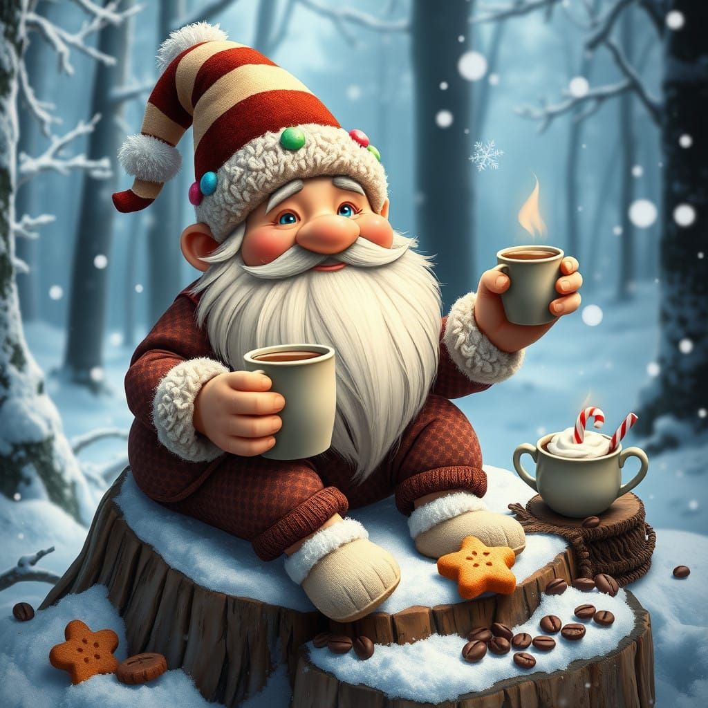 Cheerful Gnome in Winter Wonderland - Classic Illustration S...