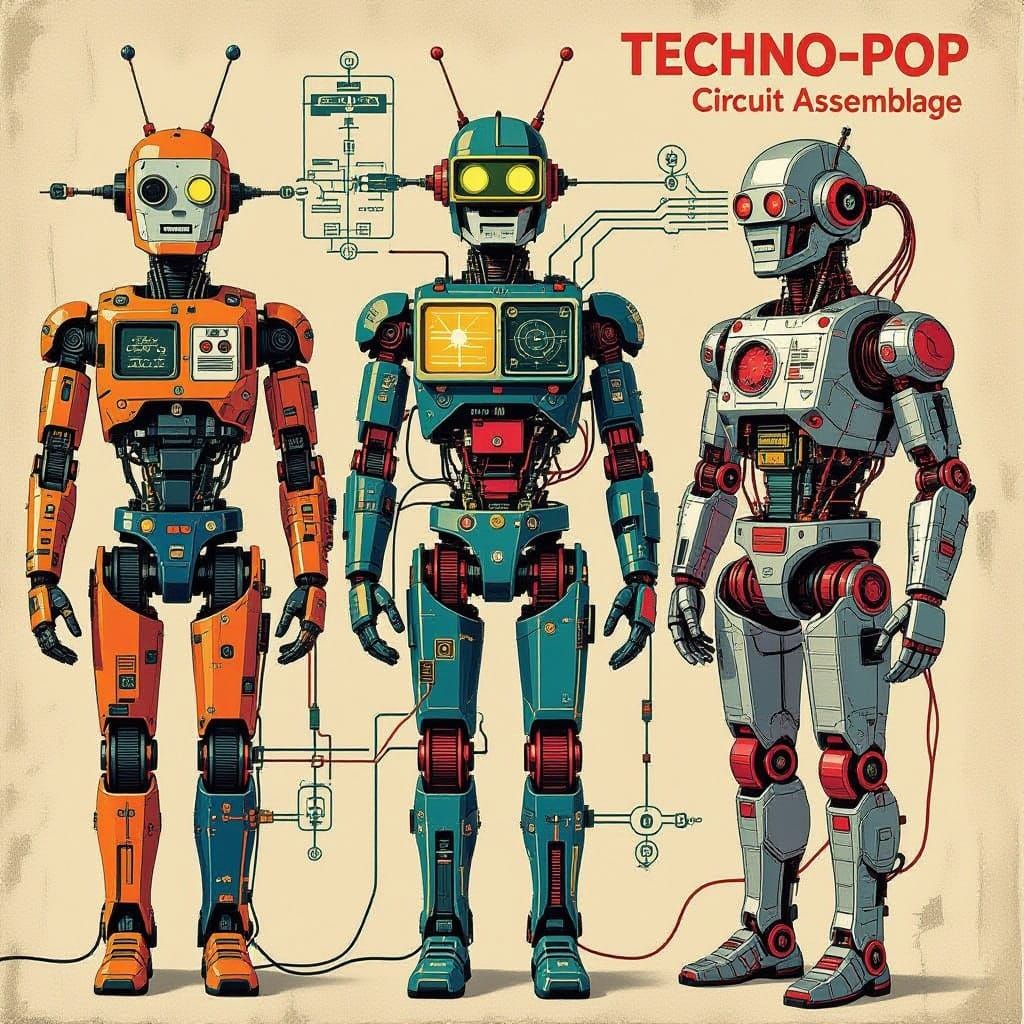 Surreal Robotic Assemblages in Vibrant Techno-Pop Style