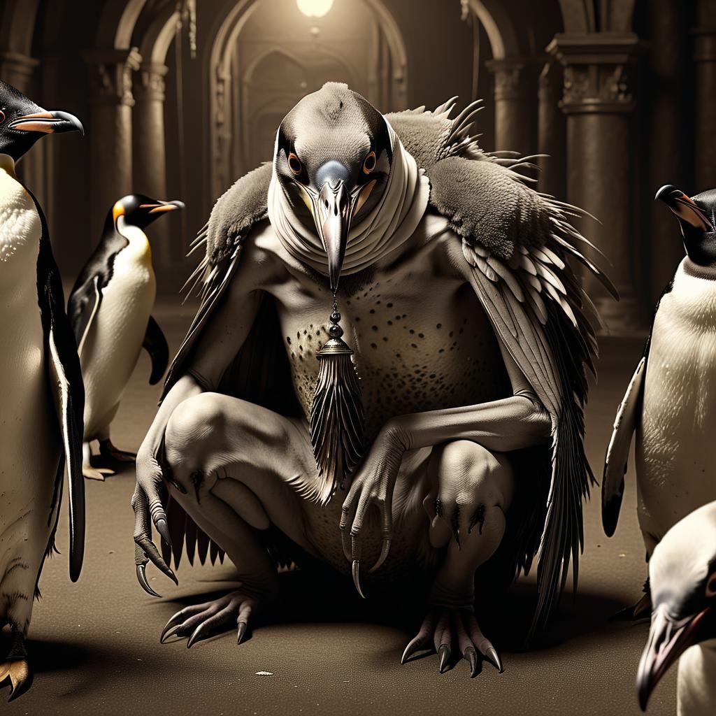 Grotesque Daemon and Penguin in Sepia Horror