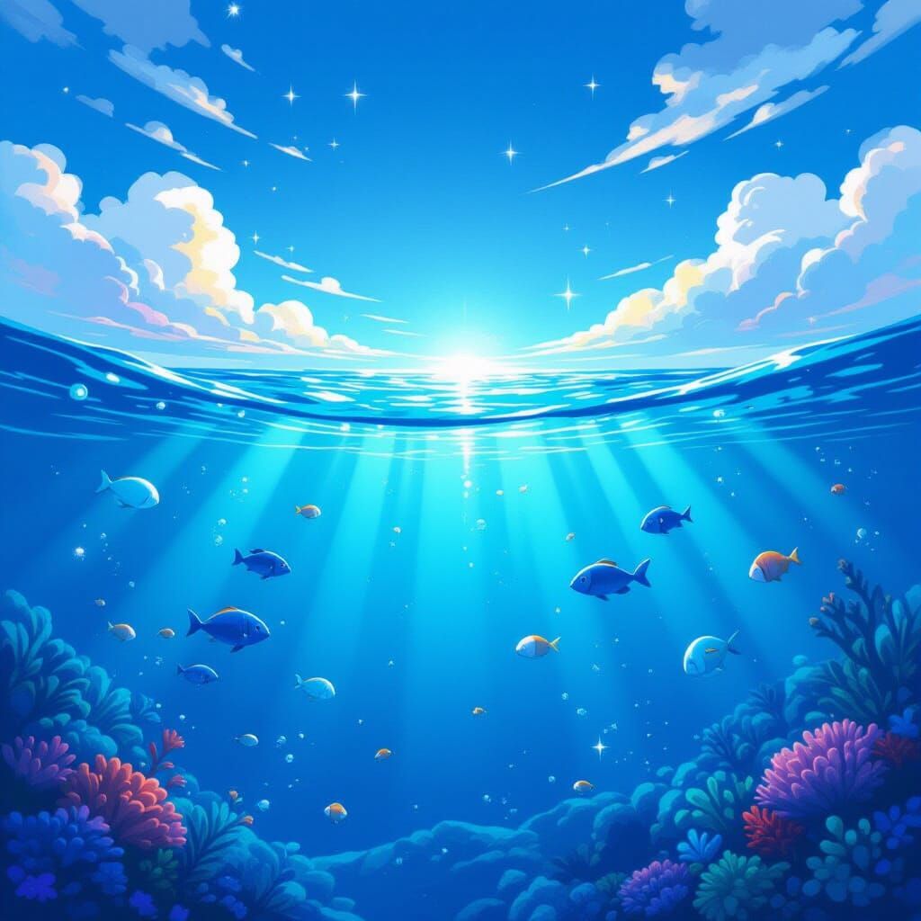 Ocean Depths with Colorful Creatures and Starry Bubbles