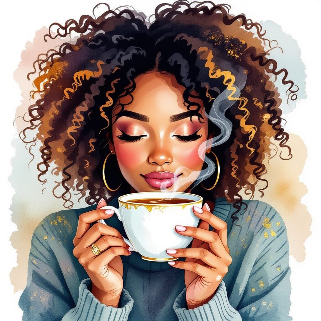 Black Woman With Curls Holds Teacup In Watercolor Style