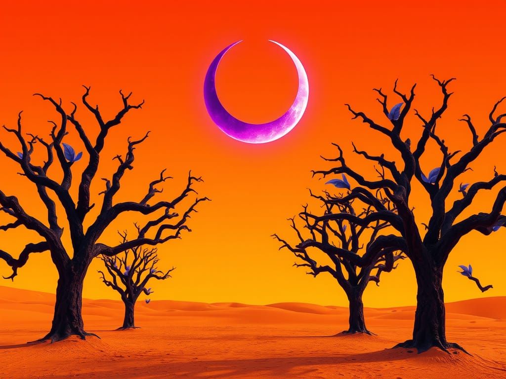 Double Crescent Moons Over Desert Landscape