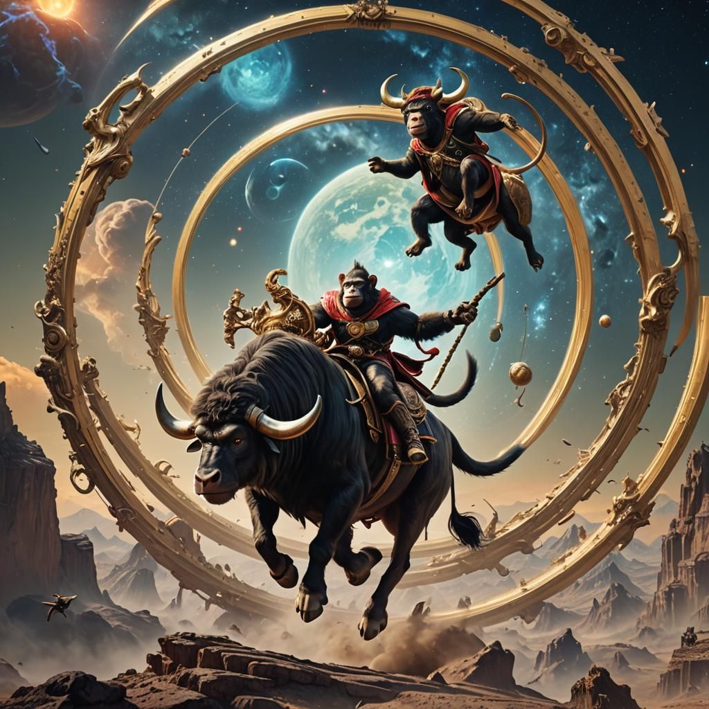 Monkey Rides Bull on Saturn: Detailed Matte Painting