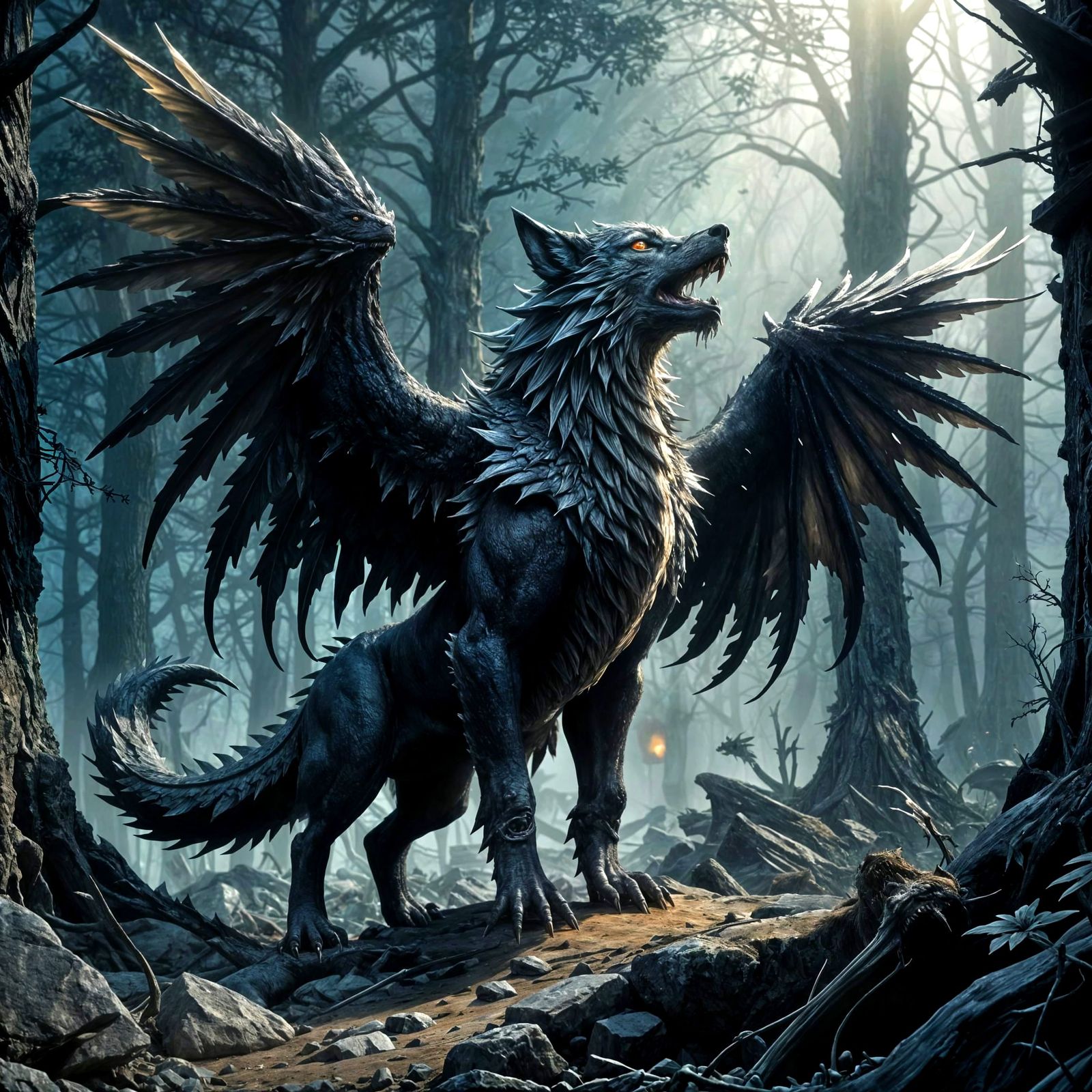 Hyperrealistic Wolf Dragon Hybrid with Angel Wings