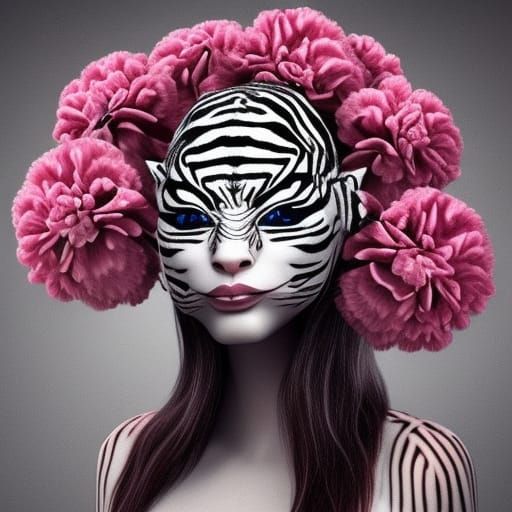 Hybrid Cat Woman with Zebra Stripes, Photorealistic Renderin...