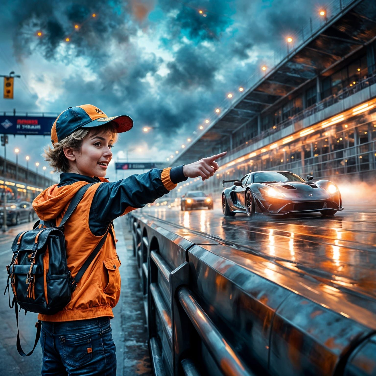 Thrilled Youth Points to Speeding F1 Cars in a Futuristic Ra...