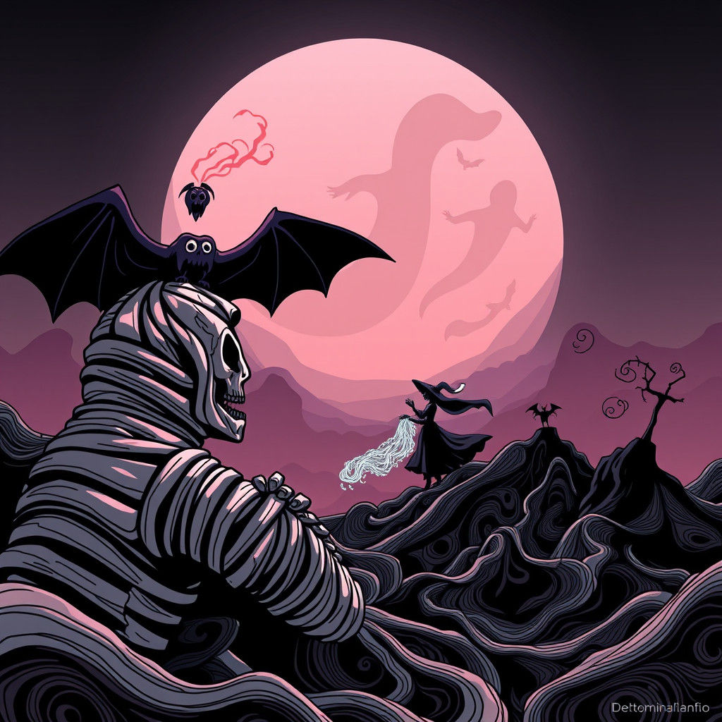 Mummy Watches Ghost and Witch in Minimalist Digital Art