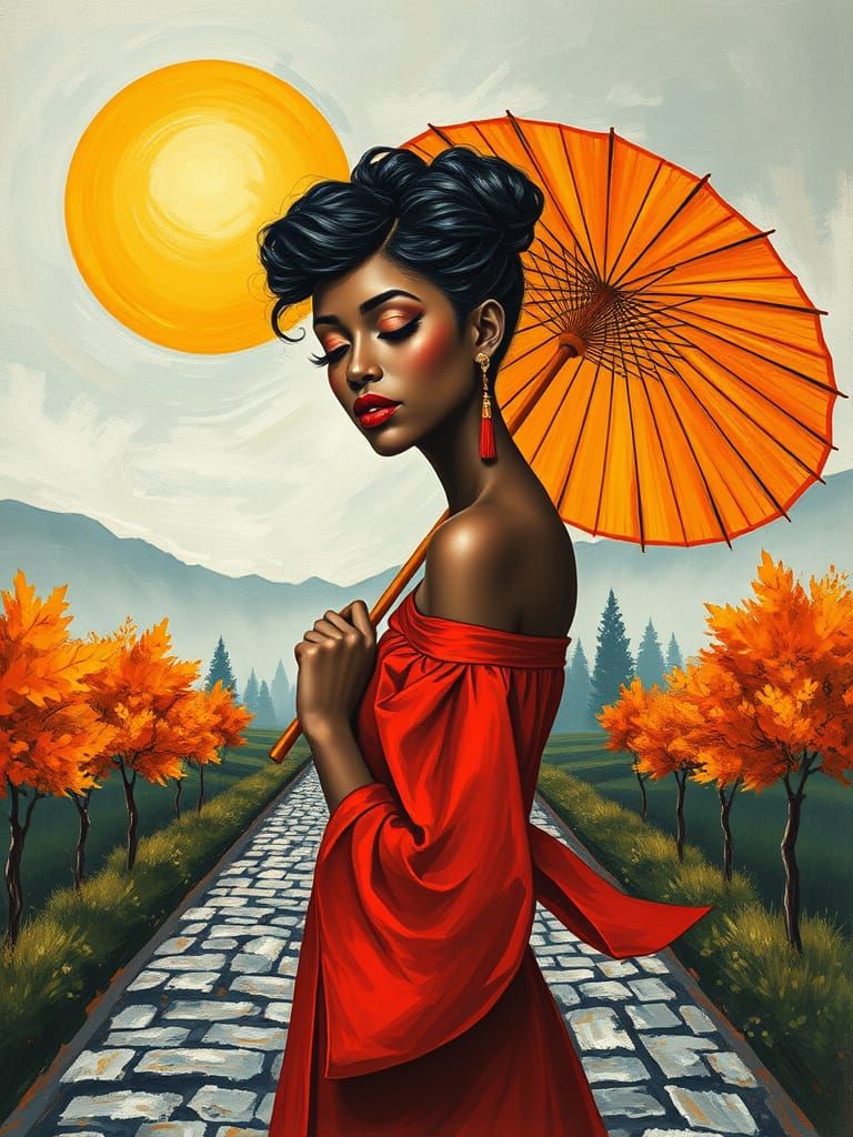 Woman with Umbrella in Autumn Landscape Painting