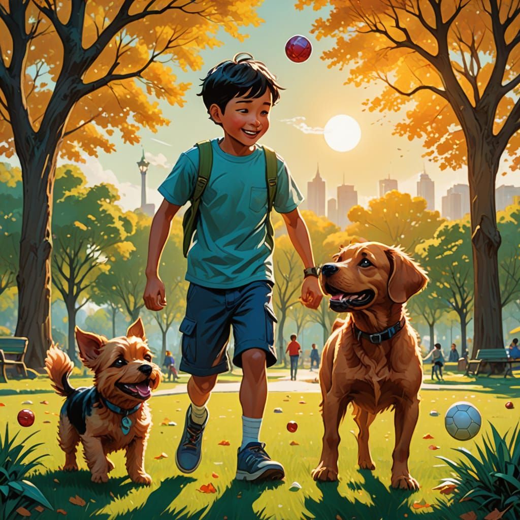 Sun-Kissed Boy and Dog in Joyful Comic Book Art