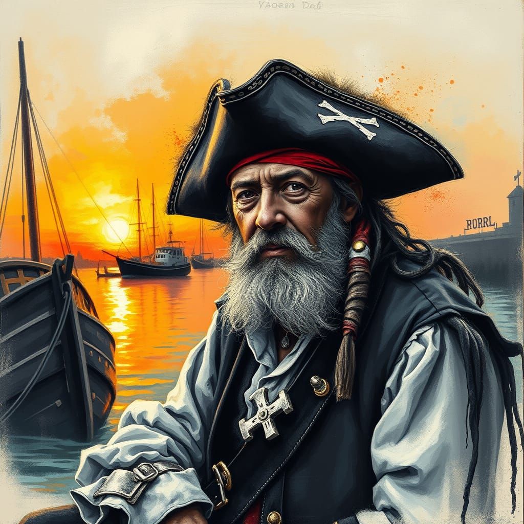 Pirate Captain Charcoal Portrait with Sunset Color Splash
