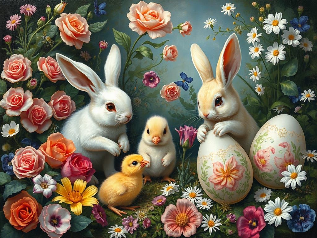Whimsical Bunnies in Renaissance-Style Floral Scene