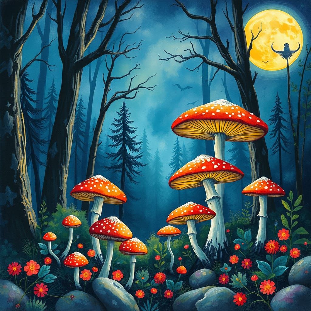 Mystical Forest Mushrooms in Gouache Style