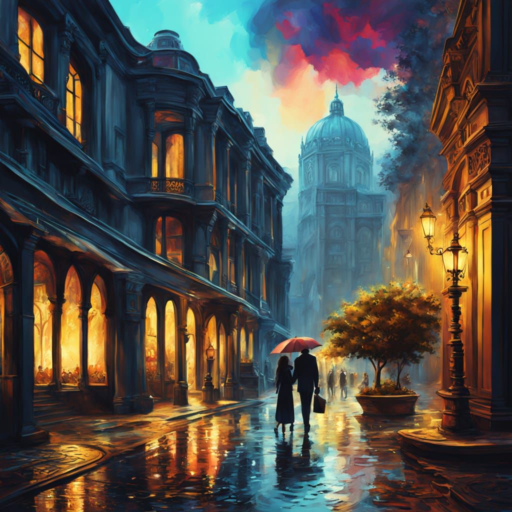 Waltz in Rainy Hall: Gouache and Watercolor Painting