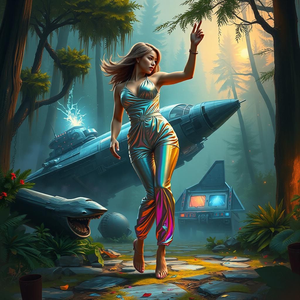 Woman Dancing by Crashed Ship in Digital Painting Style