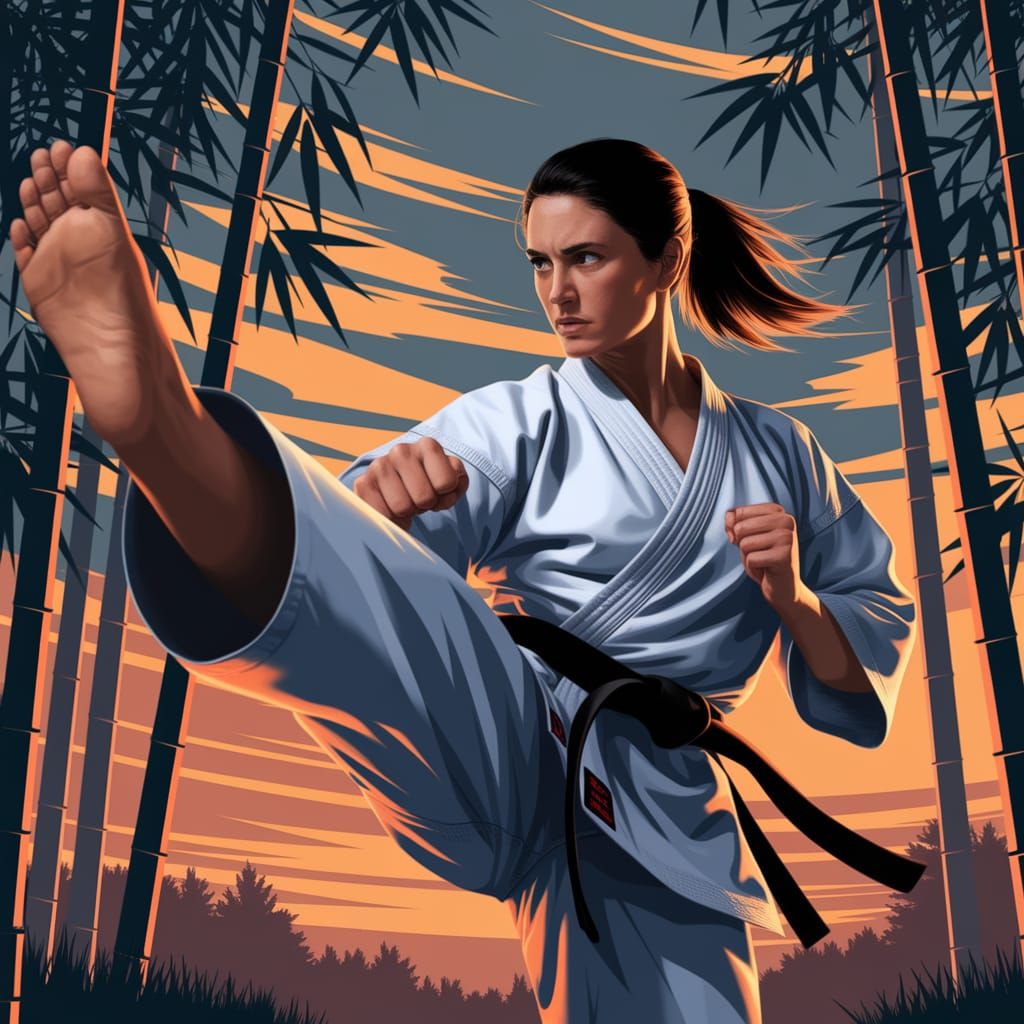Karate Master in Bamboo Forest at Sunset