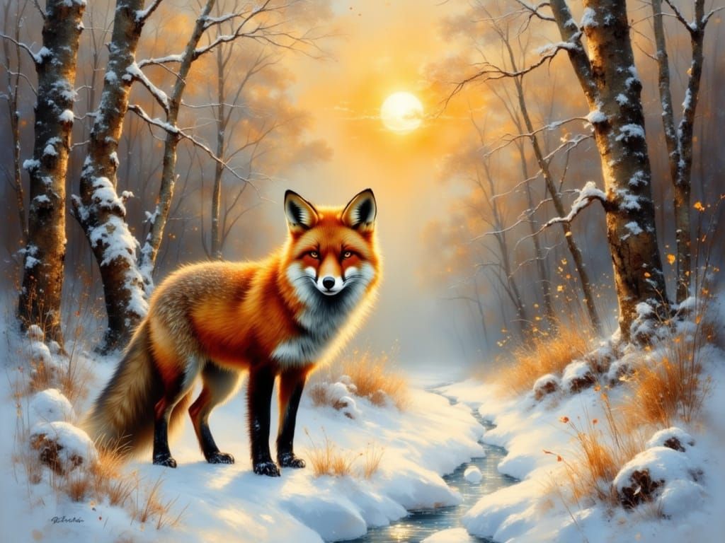 Fox in Winter Landscape as Oil Painting