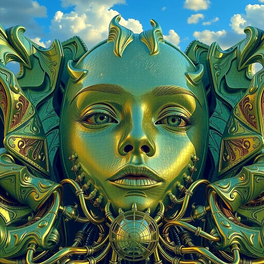 Psychedelic Surreal Face in Gold and Green CGI