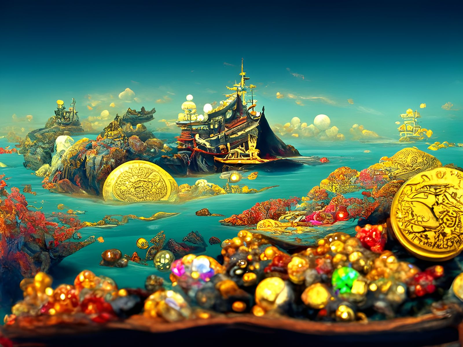 Mystical Pirate Treasure Island in Ukiyo-e Style