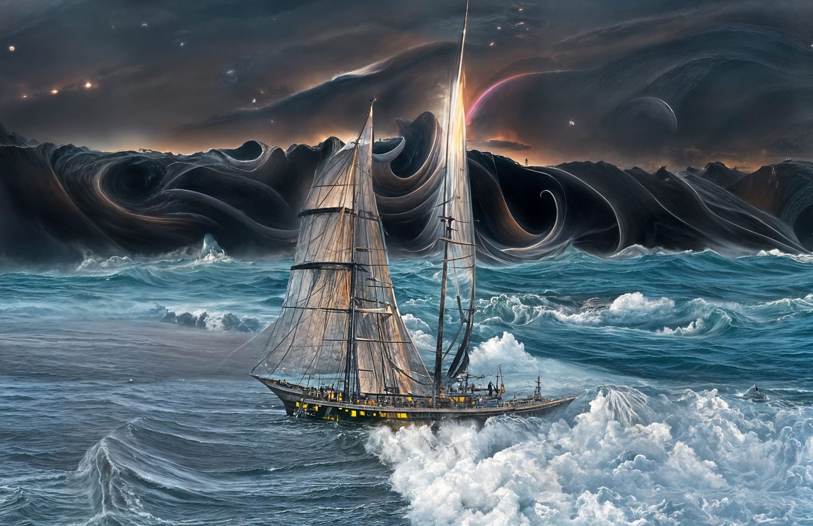 Mystical Ship Amidst Stormy Waves: Digital Painting