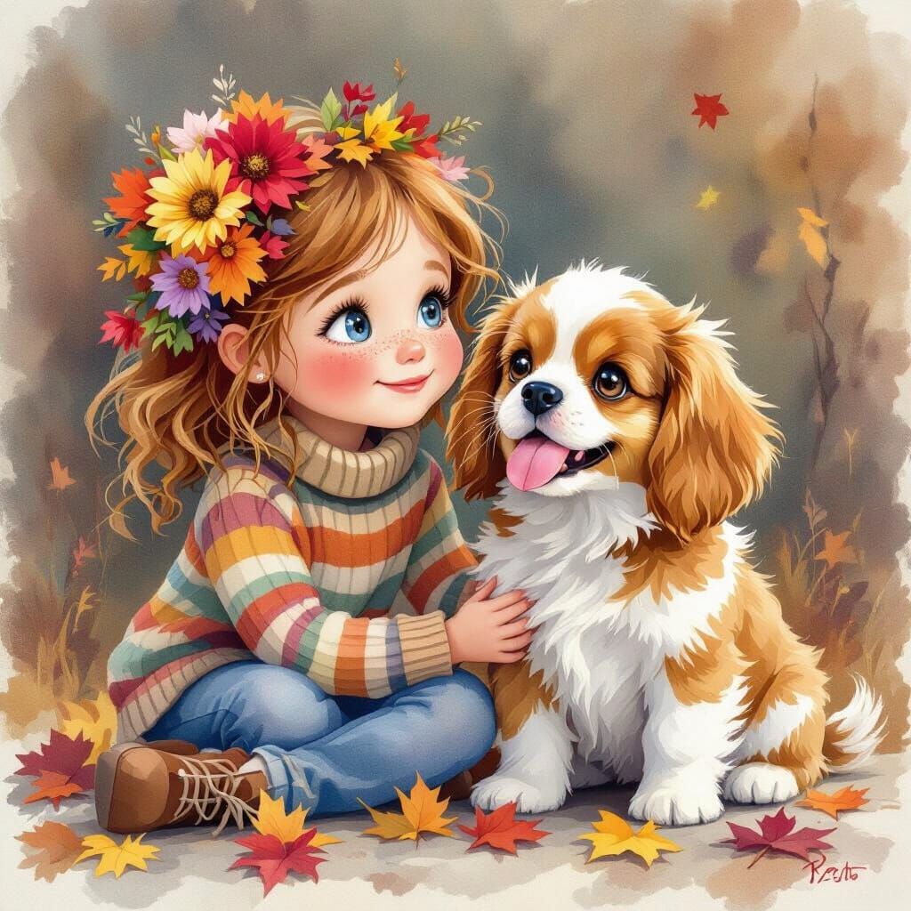Cheerful Girl and Puppy in Whimsical Watercolor Style