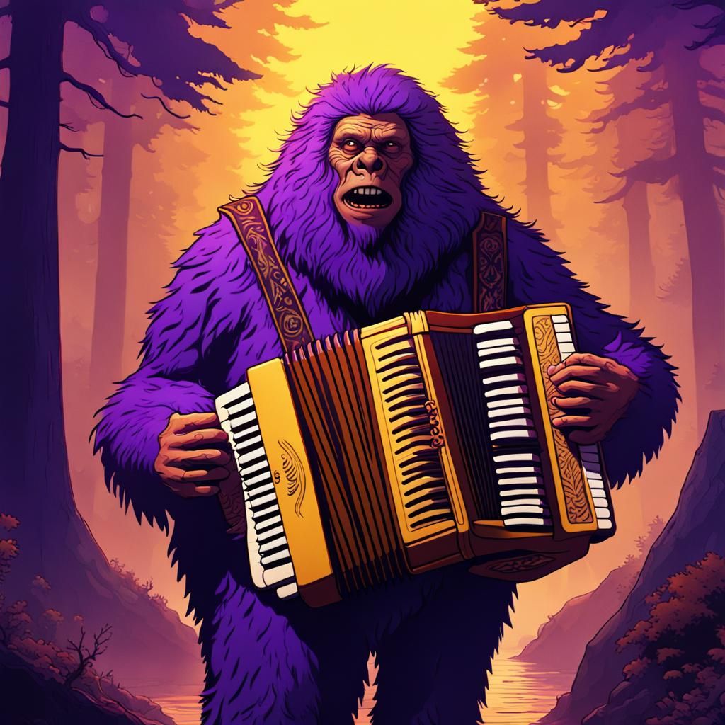 Bigfoot and Musician Accordion Duet: Dark Fantasy Art