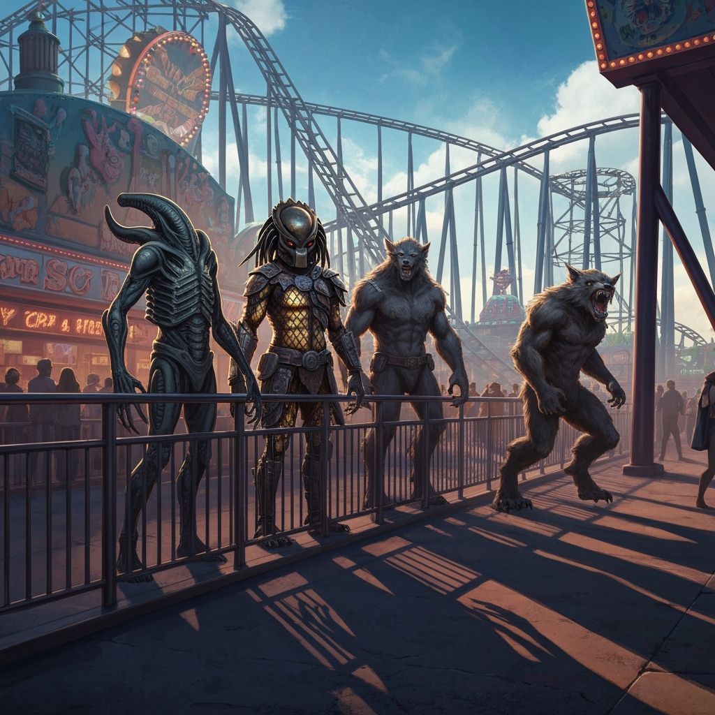 Monsters Queue for Roller Coaster in Vibrant Entertainment P...